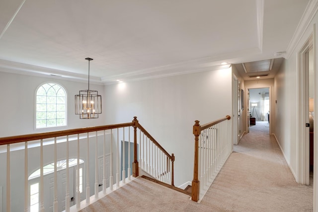 hallway with a tray ceiling, an upstairs landing, light carpet, and attic access