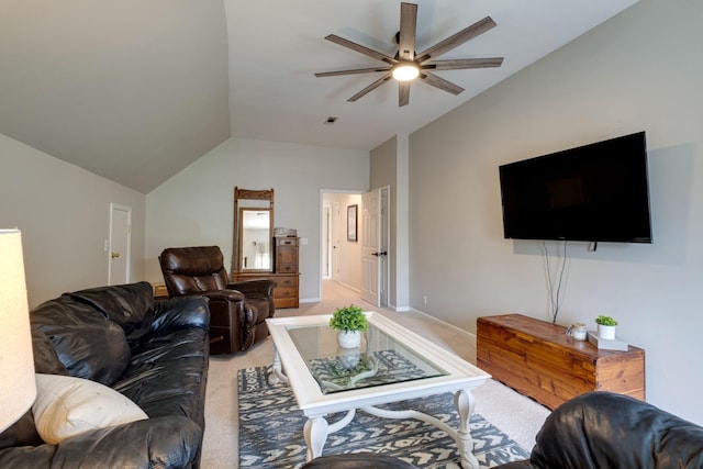 living room with visible vents, light carpet, a ceiling fan, and lofted ceiling