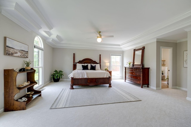 carpeted bedroom with baseboards, ornamental molding, and ceiling fan