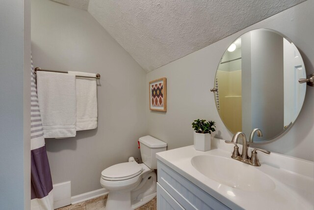1233 Hardwood Trl, Burns, TN 37029 - full bathroom featuring vanity, vaulted ceiling, toilet, and a textured ceiling
