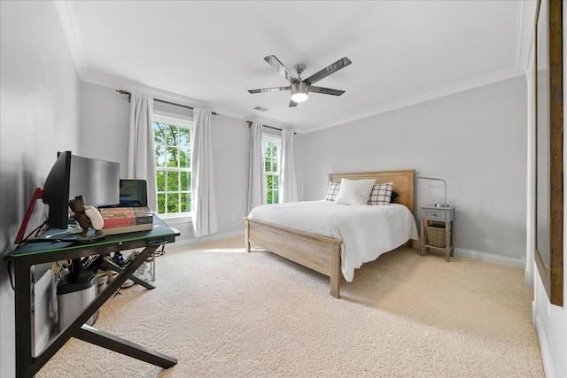 bedroom with a ceiling fan, visible vents, crown molding, baseboards, and light carpet
