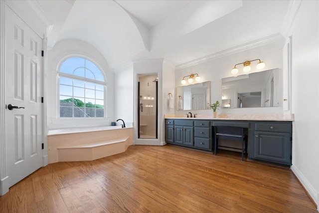 bathroom featuring vanity, a bath, a shower stall, and wood finished floors