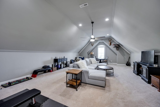 2965 Stewart Campbell Pt, Spring Hill, TN 37174 - carpeted living area with a ceiling fan, visible vents, baseboards, lofted ceiling, and recessed lighting