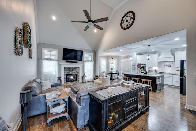 2965 Stewart Campbell Pt, Spring Hill, TN 37174 - living area featuring a stone fireplace, ceiling fan, a healthy amount of sunlight, and high vaulted ceiling