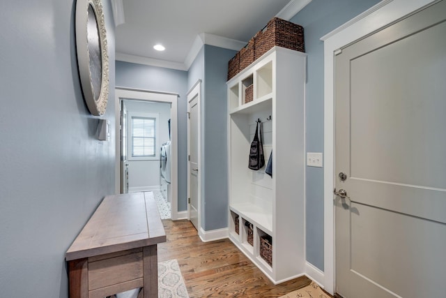 2965 Stewart Campbell Pt, Spring Hill, TN 37174 - mudroom featuring crown molding, baseboards, and wood finished floors