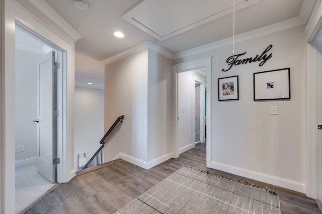 2965 Stewart Campbell Pt, Spring Hill, TN 37174 - hallway with baseboards, an upstairs landing, wood finished floors, and attic access