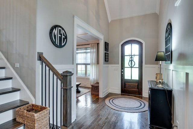 2965 Stewart Campbell Pt, Spring Hill, TN 37174 - foyer entrance featuring stairway, a wainscoted wall, ornamental molding, and wood finished floors