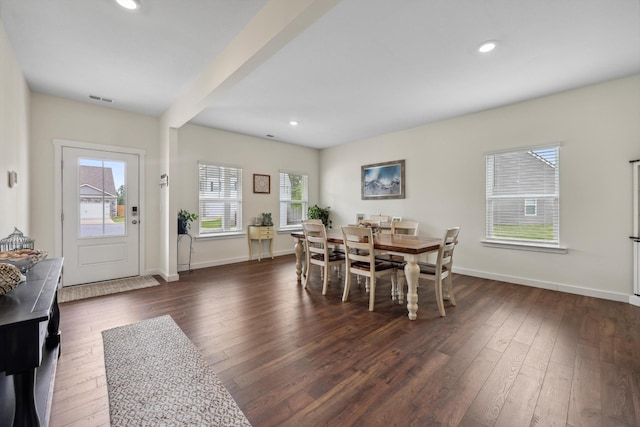dining space with recessed lighting, baseboards, and dark wood-style floors