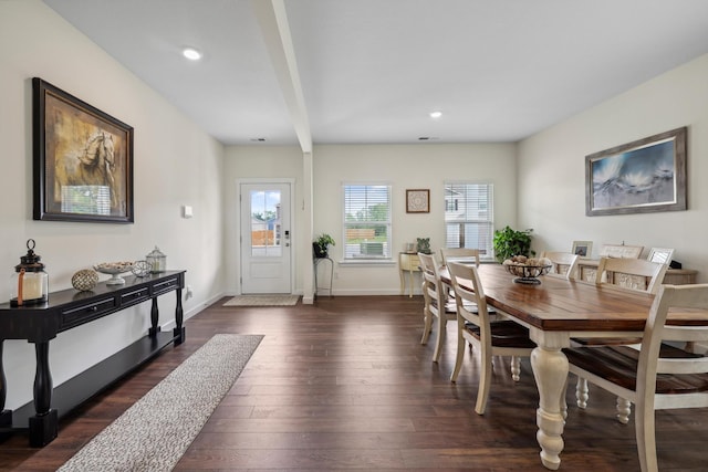 dining space with dark wood-style flooring, baseboards, recessed lighting, and beam ceiling