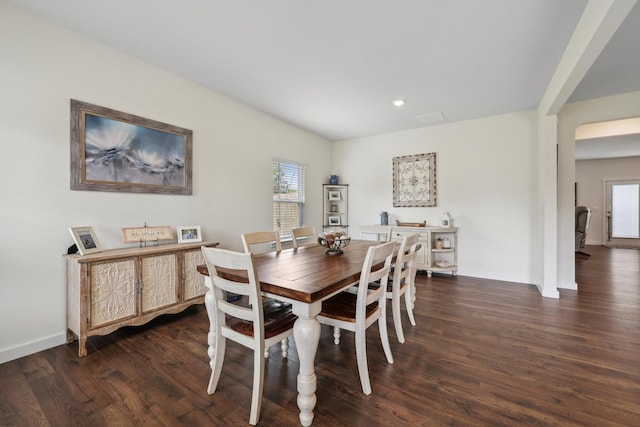 dining area featuring baseboards, recessed lighting, and dark wood-style floors
