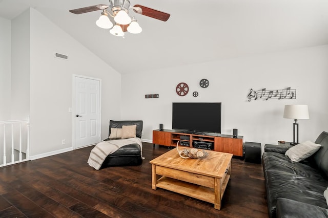 living room with ceiling fan, high vaulted ceiling, baseboards, wood finished floors, and visible vents