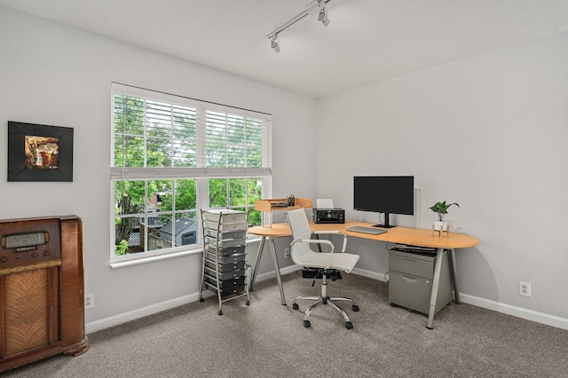 office featuring carpet floors, rail lighting, and baseboards