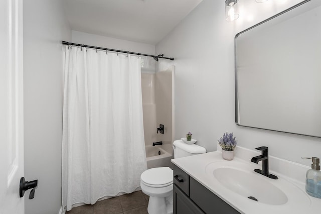 bathroom with toilet, tile patterned floors, shower / tub combo with curtain, and vanity