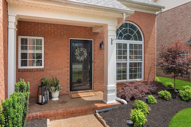 view of exterior entry featuring brick siding and a shingled roof