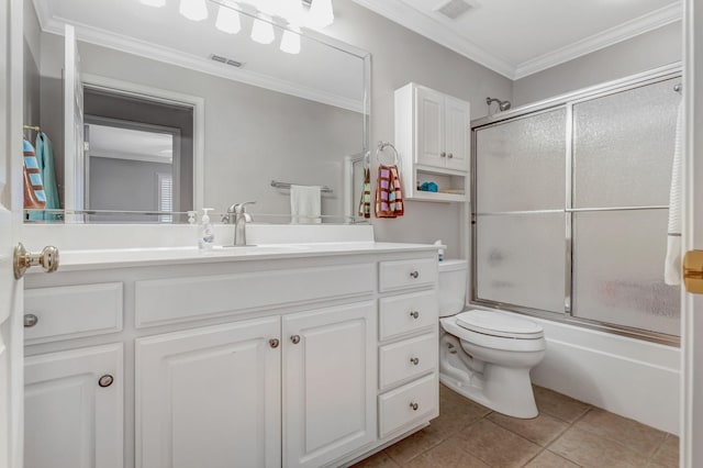 full bathroom with visible vents, crown molding, vanity, toilet, and enclosed tub / shower combo