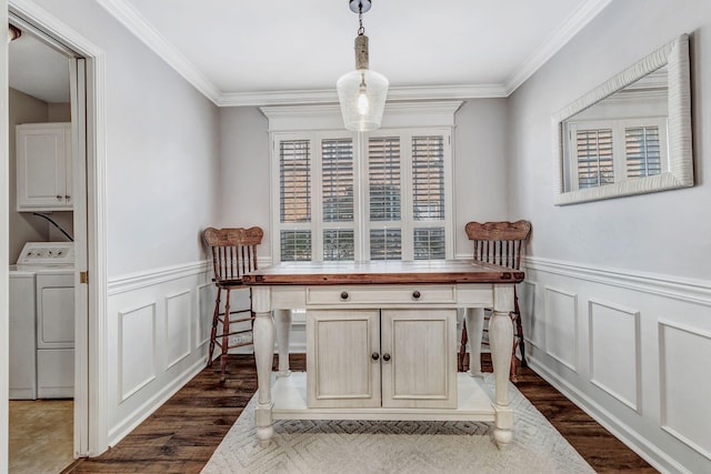 home office with crown molding, dark wood finished floors, and a decorative wall