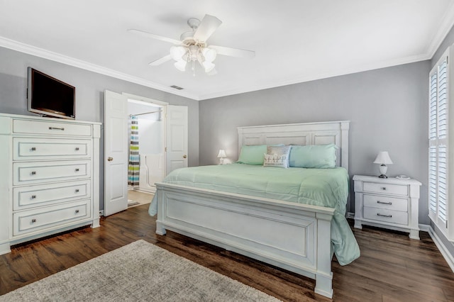 bedroom featuring crown molding, multiple windows, a ceiling fan, and dark wood-style floors