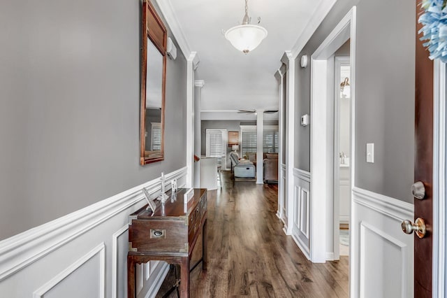 corridor featuring ornamental molding, a decorative wall, a wainscoted wall, and dark wood-style floors