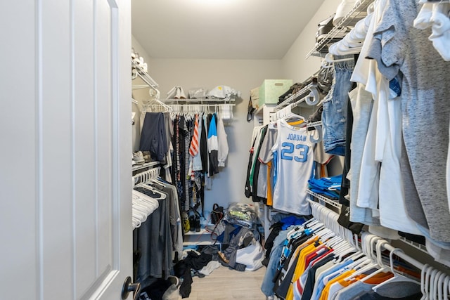 walk in closet with wood finished floors
