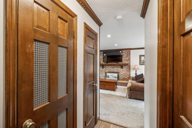 corridor with crown molding and light wood-style flooring