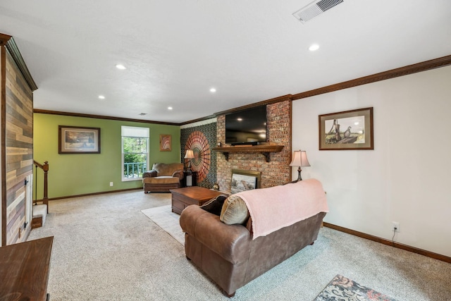 living area with crown molding, baseboards, a brick fireplace, and visible vents