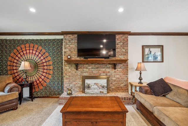 living room featuring recessed lighting, a brick fireplace, and light carpet