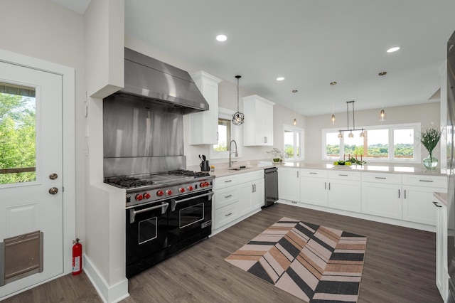 231 Wolf Ridge Ln, Lynchburg, TN 37352 - kitchen featuring a sink, dark wood finished floors, wall chimney exhaust hood, double oven range, and dishwashing machine