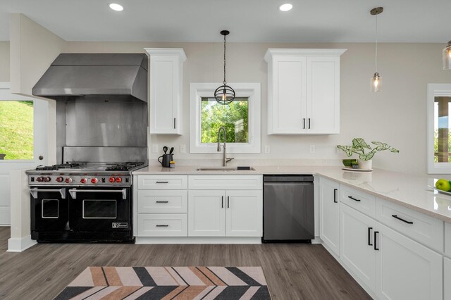 231 Wolf Ridge Ln, Lynchburg, TN 37352 - kitchen featuring range with two ovens, wood finished floors, dishwasher, a sink, and wall chimney exhaust hood