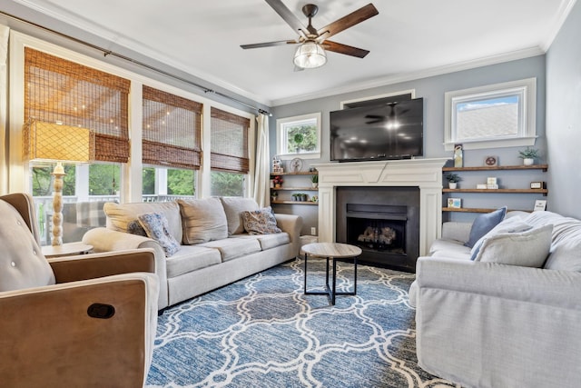 5028 Burke Trl, Nolensville, TN 37135 - living room with ornamental molding, a ceiling fan, and a fireplace