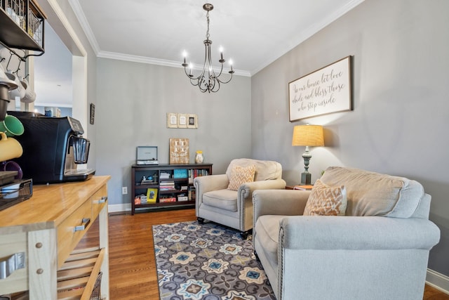 5028 Burke Trl, Nolensville, TN 37135 - sitting room featuring baseboards, ornamental molding, wood finished floors, and a notable chandelier