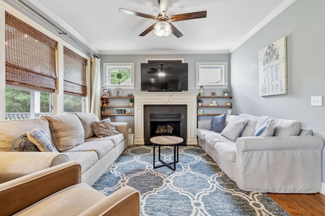 5028 Burke Trl, Nolensville, TN 37135 - living room with a healthy amount of sunlight, ornamental molding, a ceiling fan, and wood finished floors