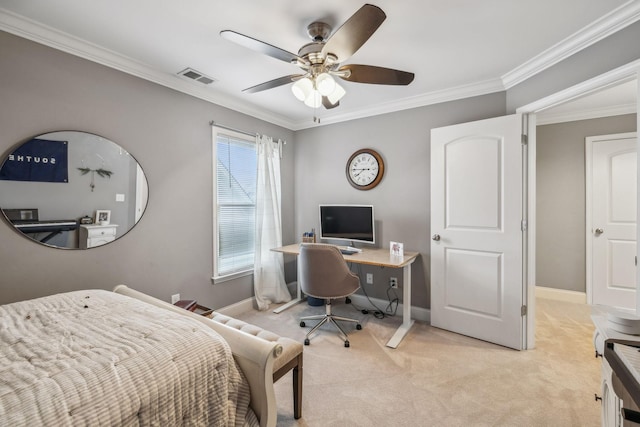 bedroom with visible vents, crown molding, baseboards, light colored carpet, and a ceiling fan