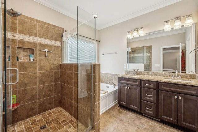 full bathroom with crown molding, a sink, double vanity, a bath, and a stall shower
