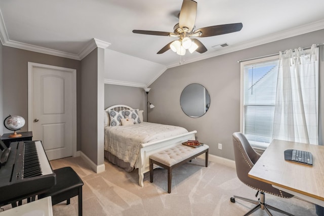 bedroom with baseboards, ornamental molding, visible vents, and light carpet