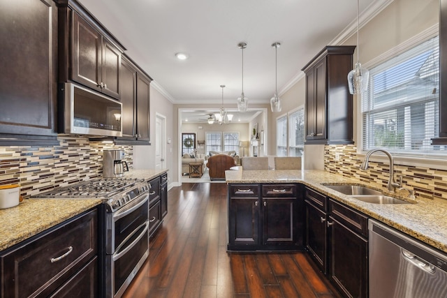 kitchen featuring dark brown cabinetry, a sink, light stone counters, open floor plan, and stainless steel appliances