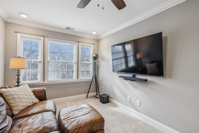 carpeted living area featuring visible vents, ornamental molding, baseboards, ceiling fan, and recessed lighting