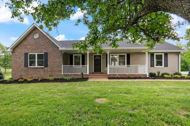 single story home with crawl space, covered porch, and a front yard