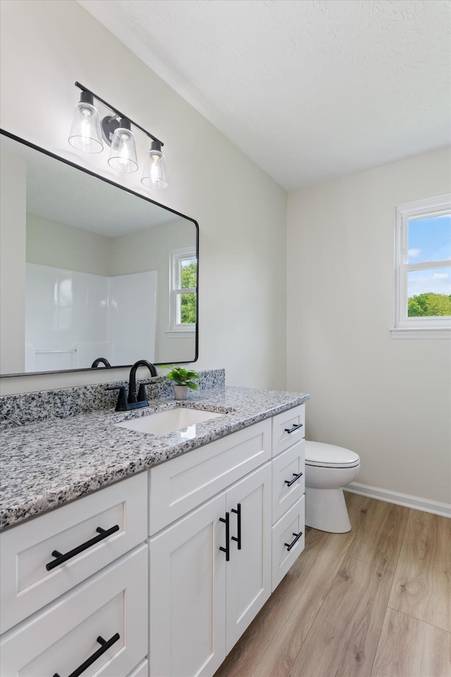 bathroom with vanity, plenty of natural light, toilet, and wood finished floors
