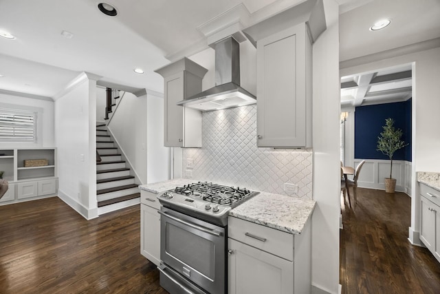 802 Montrose Ave, Nashville, TN 37204 - kitchen featuring stainless steel range with gas cooktop, wall chimney exhaust hood, dark wood-style flooring, and light stone counters