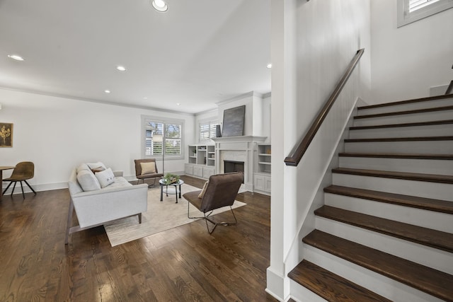 802 Montrose Ave, Nashville, TN 37204 - living room with stairs, recessed lighting, wood finished floors, and a fireplace
