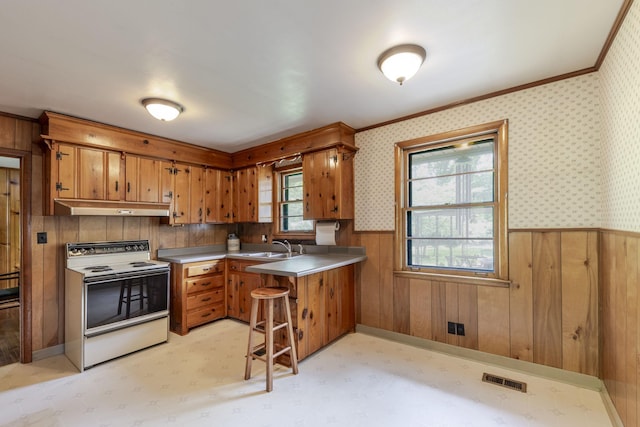 kitchen with wainscoting, brown cabinets, under cabinet range hood, and electric range