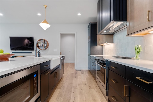 kitchen with custom exhaust hood, a sink, light wood-style flooring, appliances with stainless steel finishes, and backsplash
