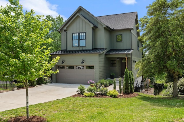 craftsman-style house featuring fence, roof with shingles, a garage, a standing seam roof, and driveway