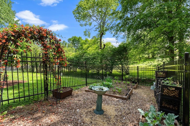view of yard featuring fence and a vegetable garden