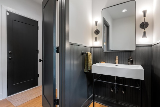 bathroom featuring a sink, wainscoting, and wood finished floors