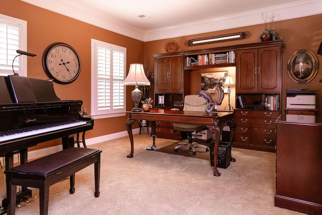 office space featuring crown molding and light carpet