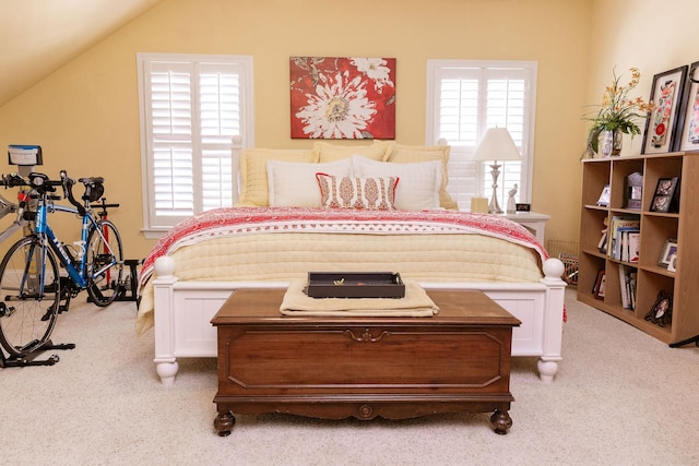 bedroom featuring carpet and vaulted ceiling