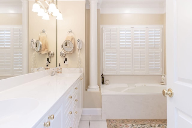 bathroom with double vanity, a bath, a sink, tile patterned floors, and ornamental molding
