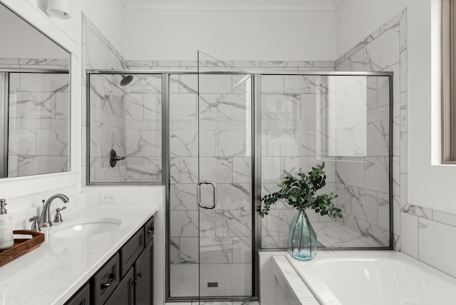 449 River Bluff Dr, Franklin, TN 37064 - full bath featuring vanity, a garden tub, crown molding, and a stall shower
