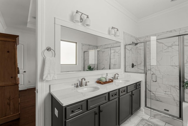 449 River Bluff Dr, Franklin, TN 37064 - full bath with a sink, a marble finish shower, and crown molding